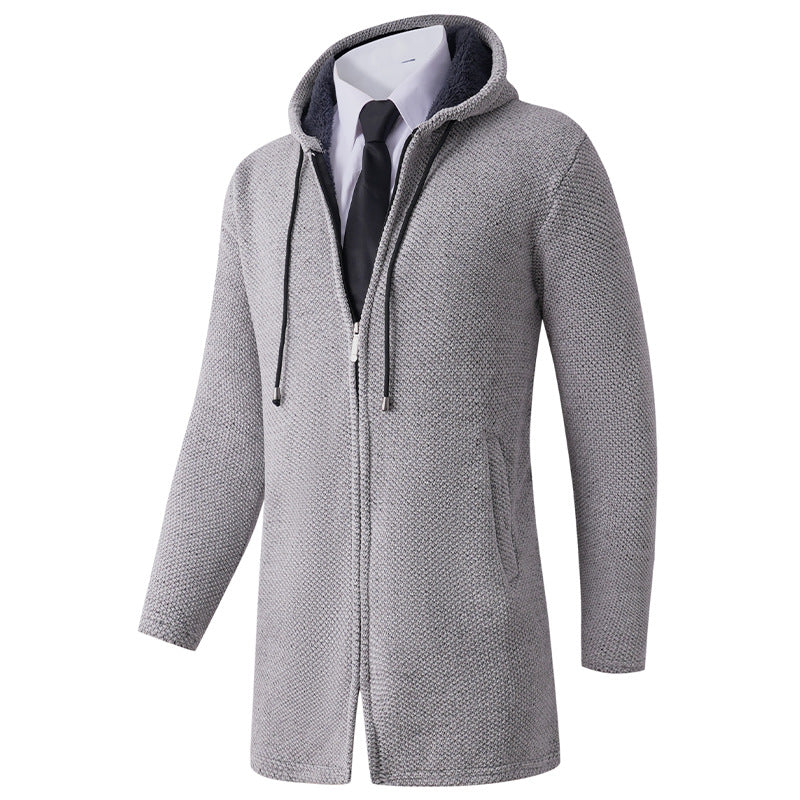 Men's fitted knit coat with hood, full-length zipper and warming teddy lining inside Mune Fashion
