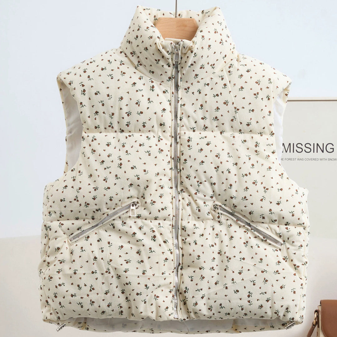 Women's Lightweight Quilted Cord Waistcoat with Stand-Up Collar and Zipper Pockets Mune Fashion
