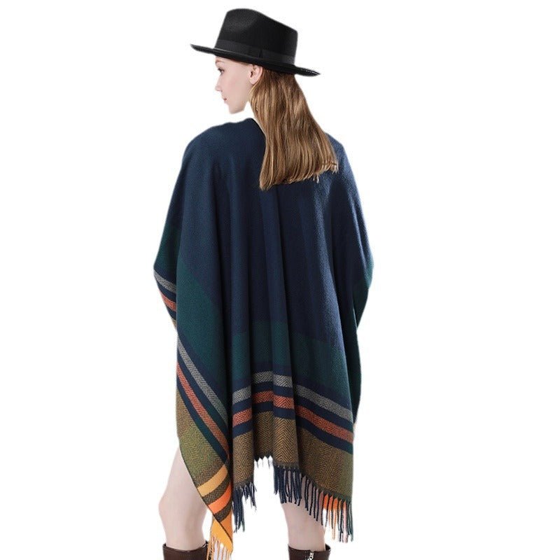 Women's Oversize Poncho Wrap with Drawstring, Check Pattern and Fringe Hem Mune Fashion