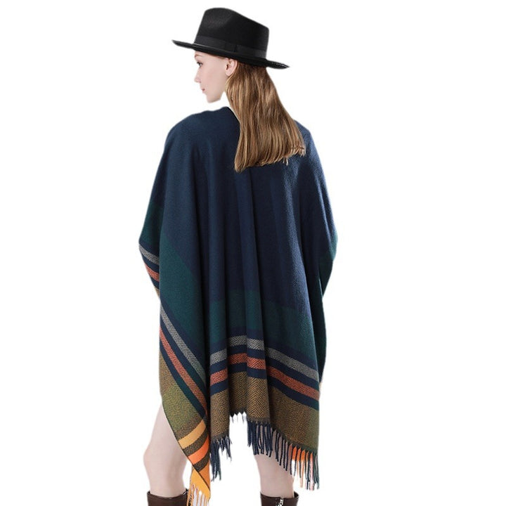 Women's Oversize Poncho Wrap with Drawstring, Check Pattern and Fringe Hem Mune Fashion