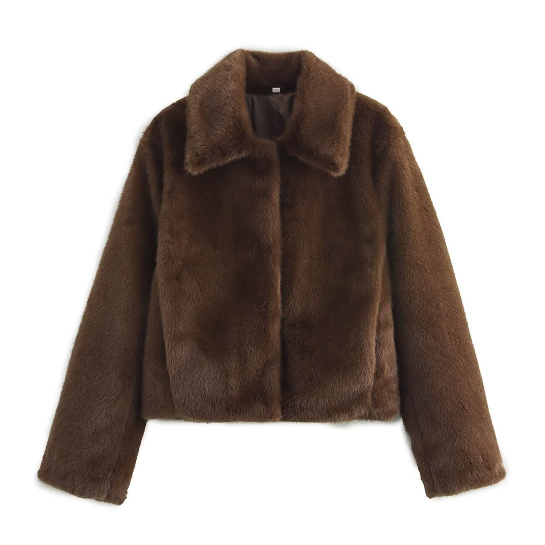 Women's Cropped Faux Fur Blouson with Lapel Collar and Soft Teddy Faux Fur Mune Fashion