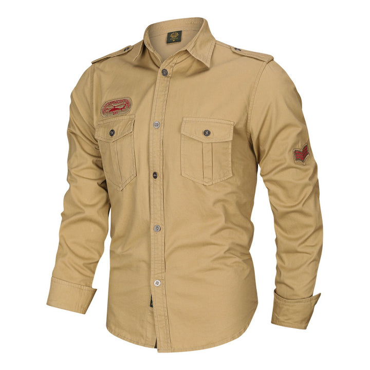 Men's tailored long-sleeve canvas shirt with patch chest flaps epaulets and decorative embroidery Mune Fashion
