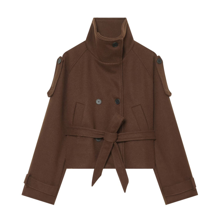 Women Short Wool Blend Cape Jacket with Waist Belt and Funnel Collar Mune Fashion