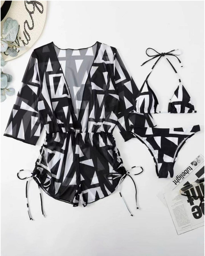 Women's bikini set with transparent cover-up and fashionable geometric pattern Mune Fashion