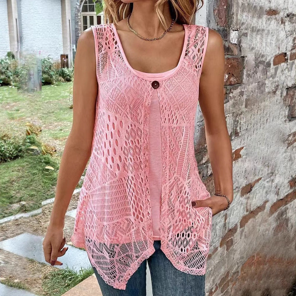 Women's two-layer crochet overlay with jersey inner top, single-button closure and asymmetrical hem Mune Fashion