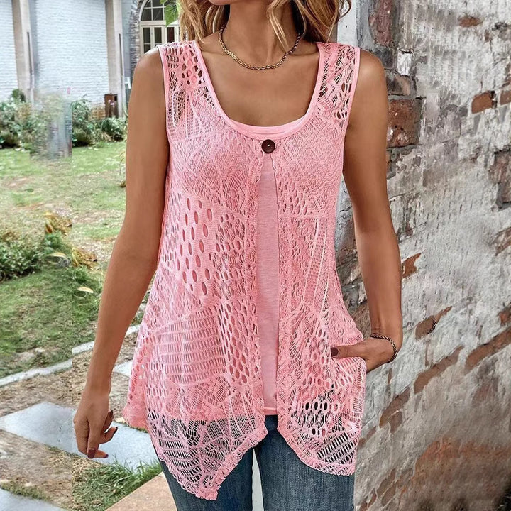 Women's two-layer crochet overlay with jersey inner top, single-button closure and asymmetrical hem Mune Fashion