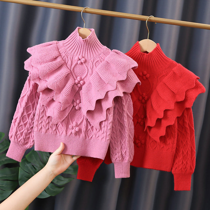 Women's Knit Sweater with Ruffles and Cable Pattern Mune Fashion