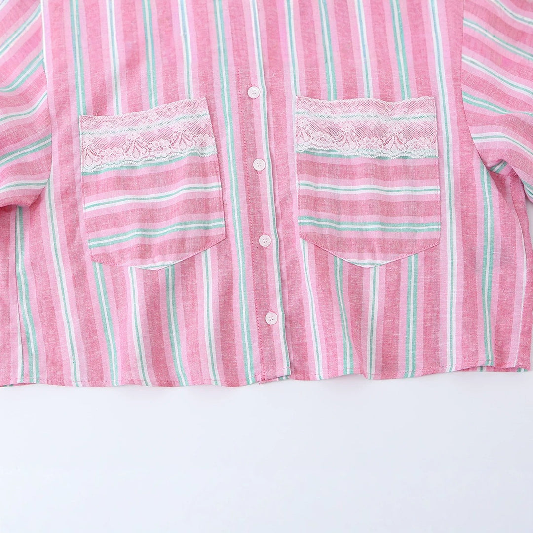 Ladies Cropped Striped Blouse with Lace Trim and Oversized Sleeves Mune Fashion
