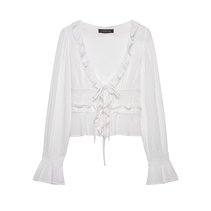Women Romantic Lace Blouse with Deep V-Neck, Ruffles and Ties Mune Fashion