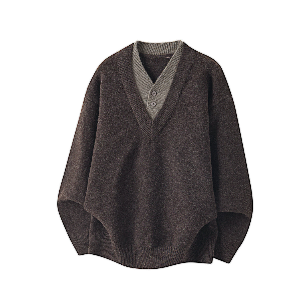 Women Oversize Knit Sweater with Deep V-Neck and Set-In Henley Placket Mune Fashion