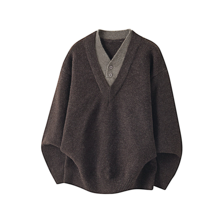 Women Oversize Knit Sweater with Deep V-Neck and Set-In Henley Placket Mune Fashion