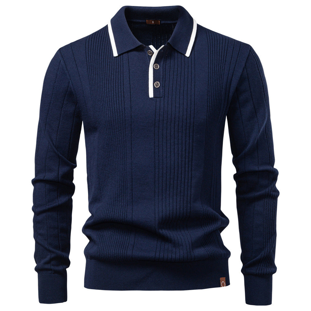 Men's long-sleeved polo sweater made of fine knit with vertical ribbed intarsias and contrast edges Mune Fashion