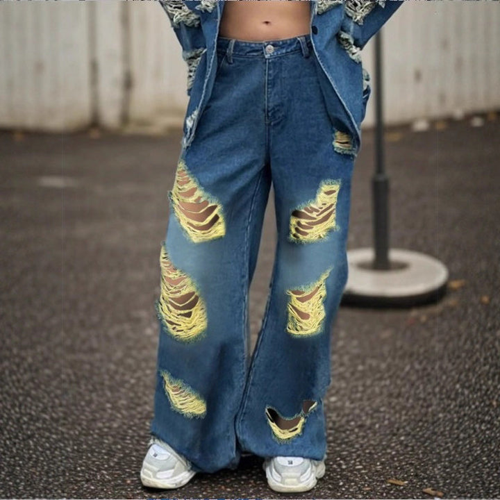 Women's wide Destroyed-Denim-Jeans with Neon Fringe Application Mune Fashion