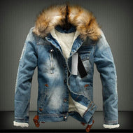 Men's denim trucker jacket with teddy lining, faux fur hood, and distressed details Mune Fashion