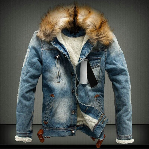 Men's denim trucker jacket with teddy lining, faux fur hood, and distressed details Mune Fashion