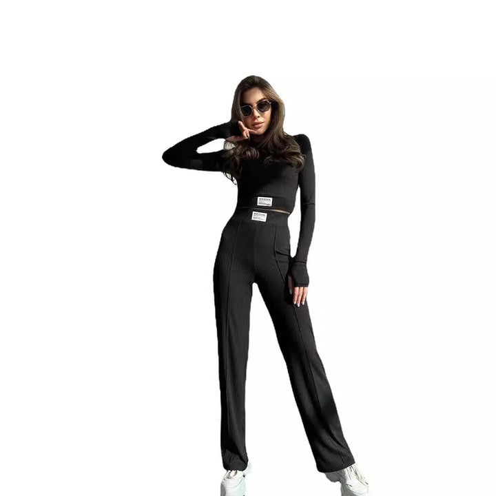 Women's Ribbed Two-Piece Loungewear Set with Short Long Sleeve Top and High-Waist Wide Leg Pants Mune Fashion