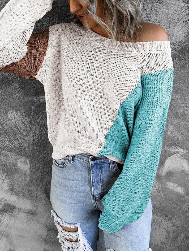 Women's Oversize Knit Sweater with Off-the-Shoulder Cut and Color Block Design Mune Fashion