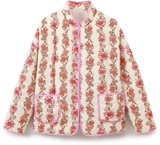Women's nan quilted stand-up collar jacket with floral vertical print, patch pockets, and contrasting piping Mune Fashion