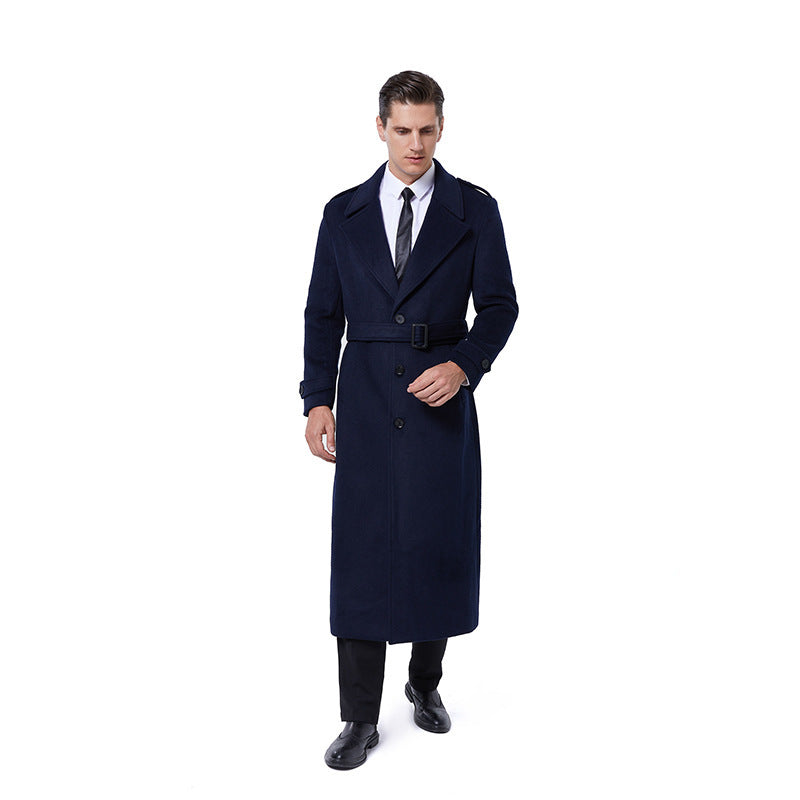 Men's Floor-Length Wool Blend Overcoat with Narrow Shawl Collar and Textured Weave Optics Mune Fashion
