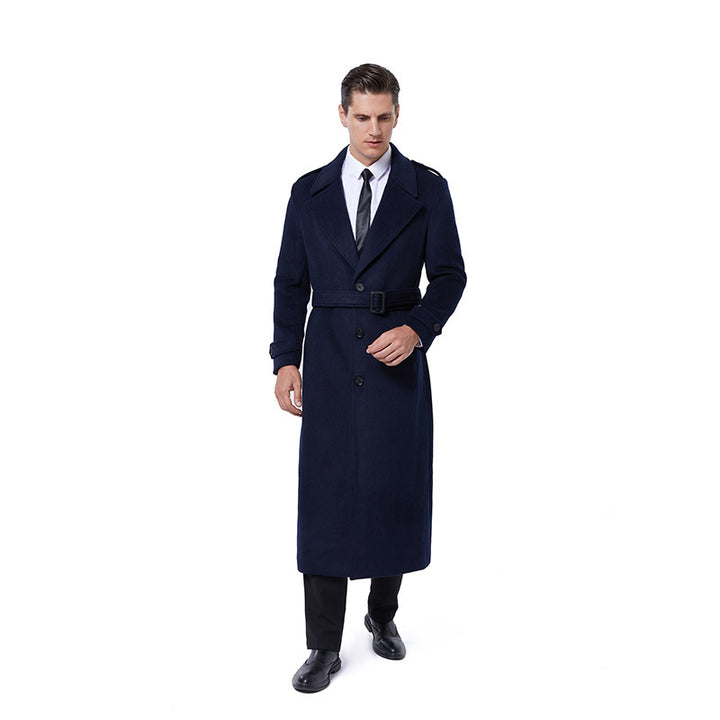 Men's Floor-Length Wool Blend Overcoat with Narrow Shawl Collar and Textured Weave Optics Mune Fashion