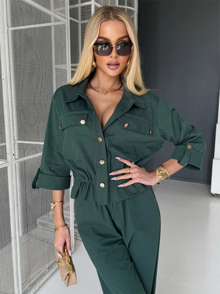 Women's Two-Piece Utility Shirt Jacket and High Waisted Pants Set with Drawstring and Gold Snap Buttons Mune Fashion