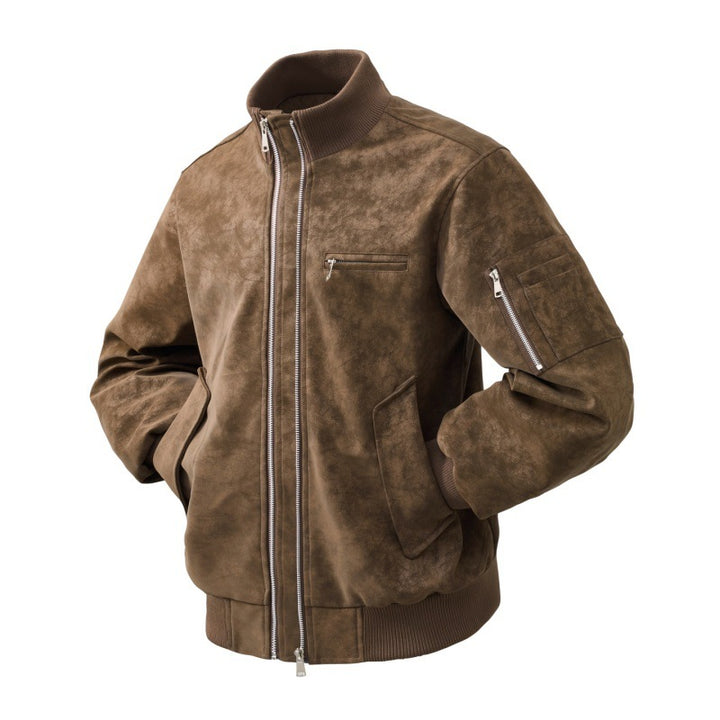 Men's faux suede bomber jacket with two-way zipper, sleeve pocket and elastic ribbed cuffs Mune Fashion
