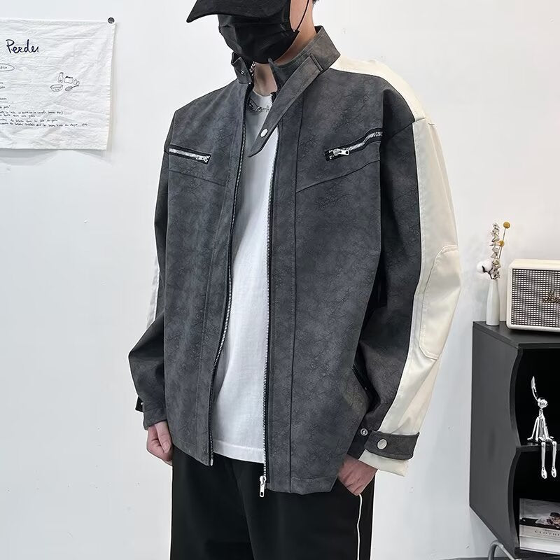 Men's Contrast Sleeveless Oversized Faux Leather Utility Jacket with Stand Collar Mune Fashion