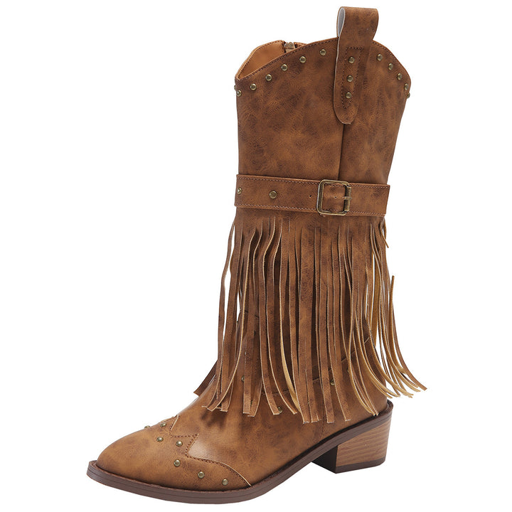 Women nan western boots with fringes, studs, and buckle straps Mune Fashion