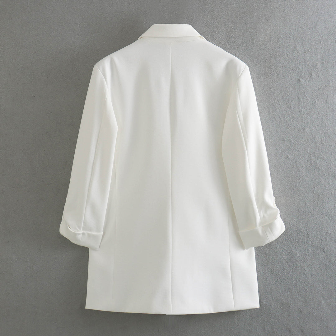 Women's unstructured long blazer with boxy cut, roll-up sleeves and piped flaps Mune Fashion