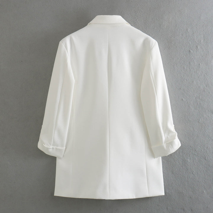 Women's unstructured long blazer with boxy cut, roll-up sleeves and piped flaps Mune Fashion