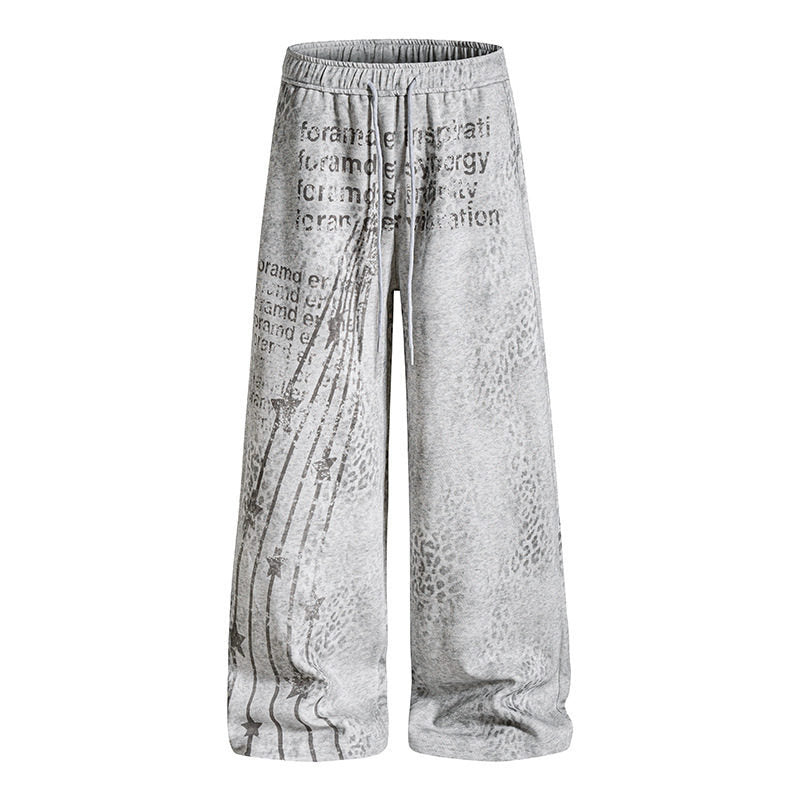 Women's Wide Palazzo Jogging Pants with Drawstring Waist, Statement Print and Vintage Wash Mune Fashion