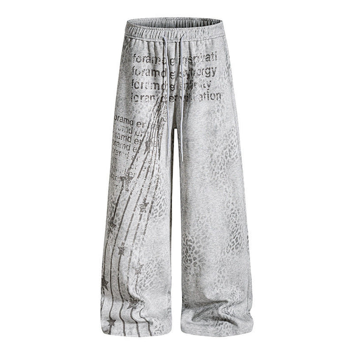Women's Wide Palazzo Jogging Pants with Drawstring Waist, Statement Print and Vintage Wash Mune Fashion