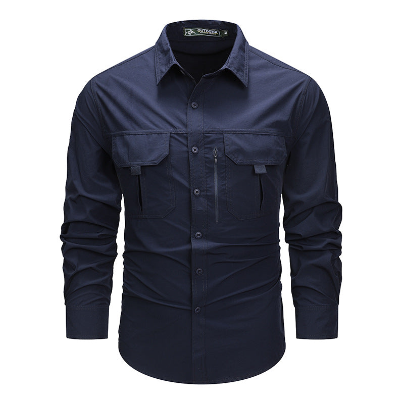 Men's robust field shirt with double chest flaps, concealed zip pocket and reinforced seams.
