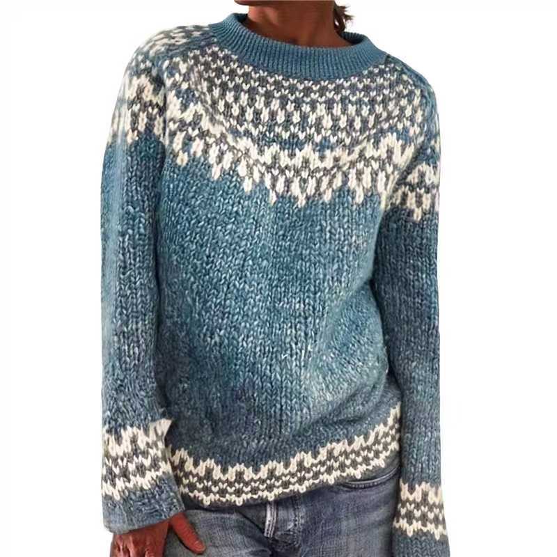 Women's gray marled round neck sweater with circular jacquard yoke and ribbed hem Mune Fashion