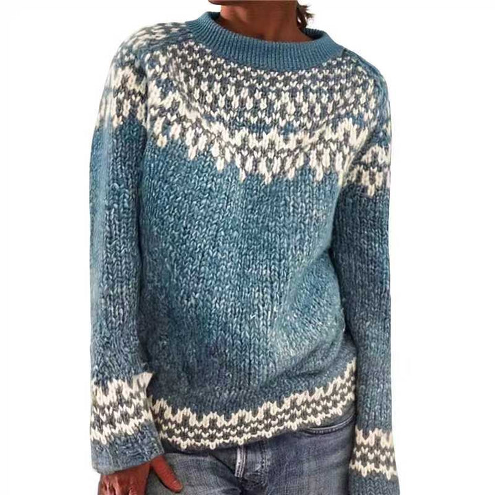 Women's gray marled round neck sweater with circular jacquard yoke and ribbed hem Mune Fashion