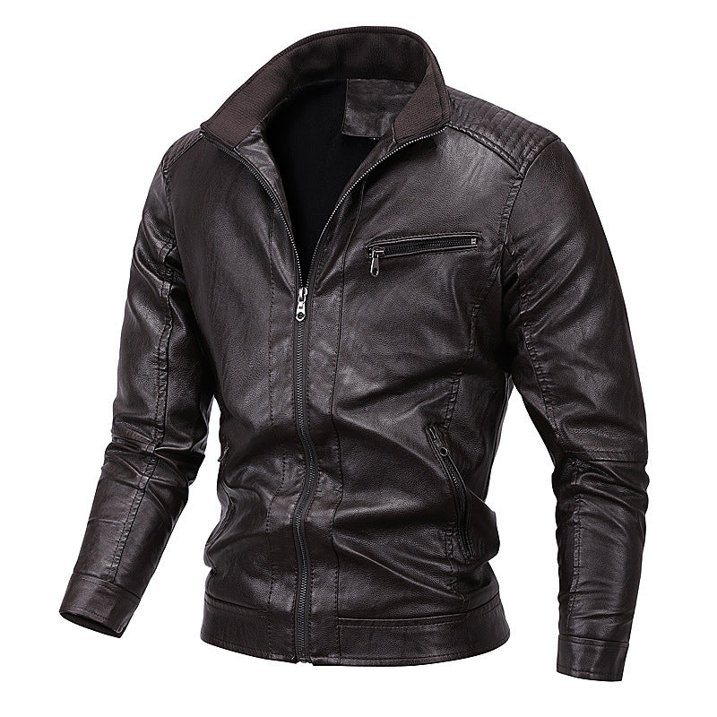 Men's faux leather moto jacket with stand-up collar, distinctive quilted design, and zip pockets Mune Fashion