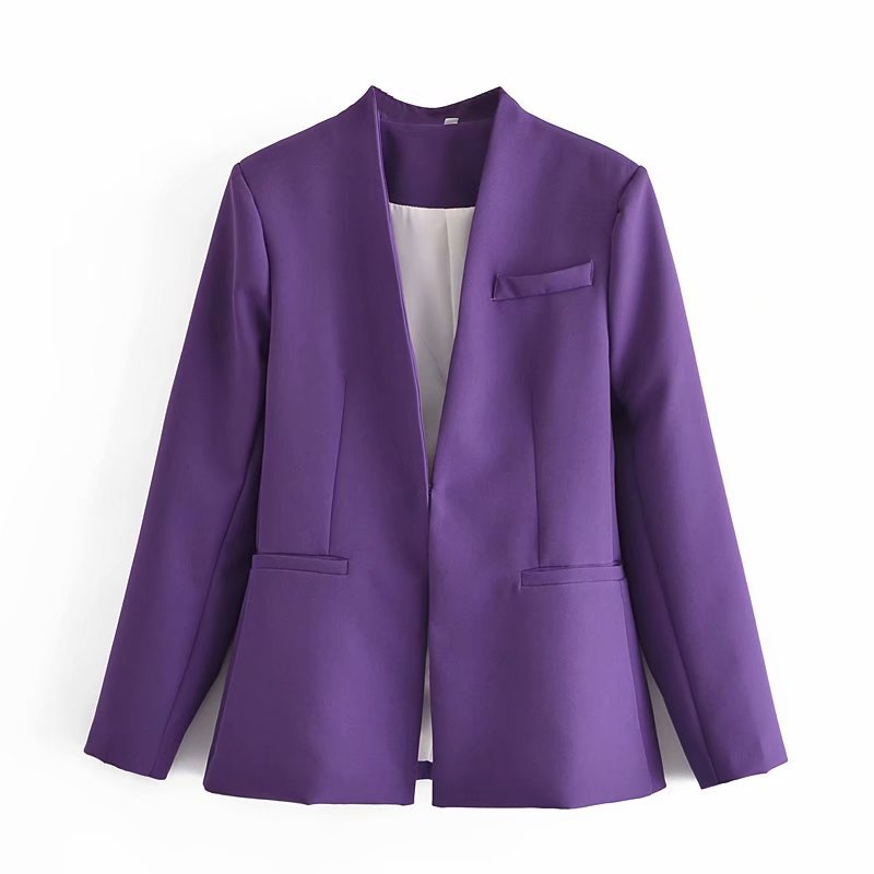 Women Tailored Blazer without Lapels with Open Front and Welt Pockets Mune Fashion