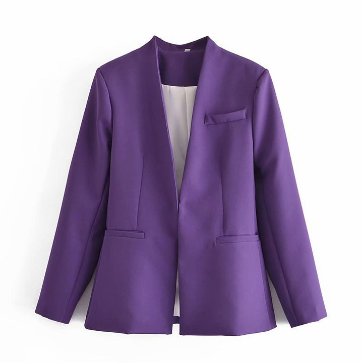 Women Tailored Blazer without Lapels with Open Front and Welt Pockets Mune Fashion