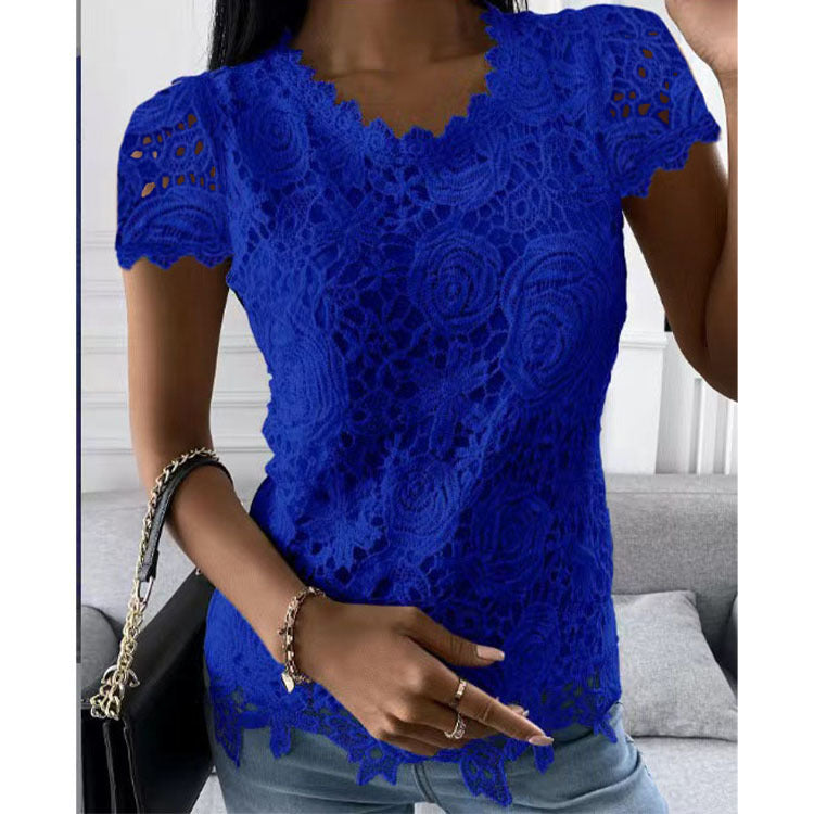 Women's lace top with V-neck, tailored silhouette and romantic wave hem Mune Fashion