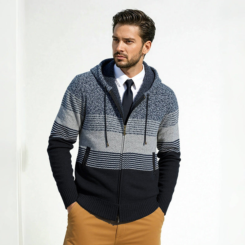 Men's hooded knit zip jacket with gradient block stripe pattern and thermal structure Mune Fashion