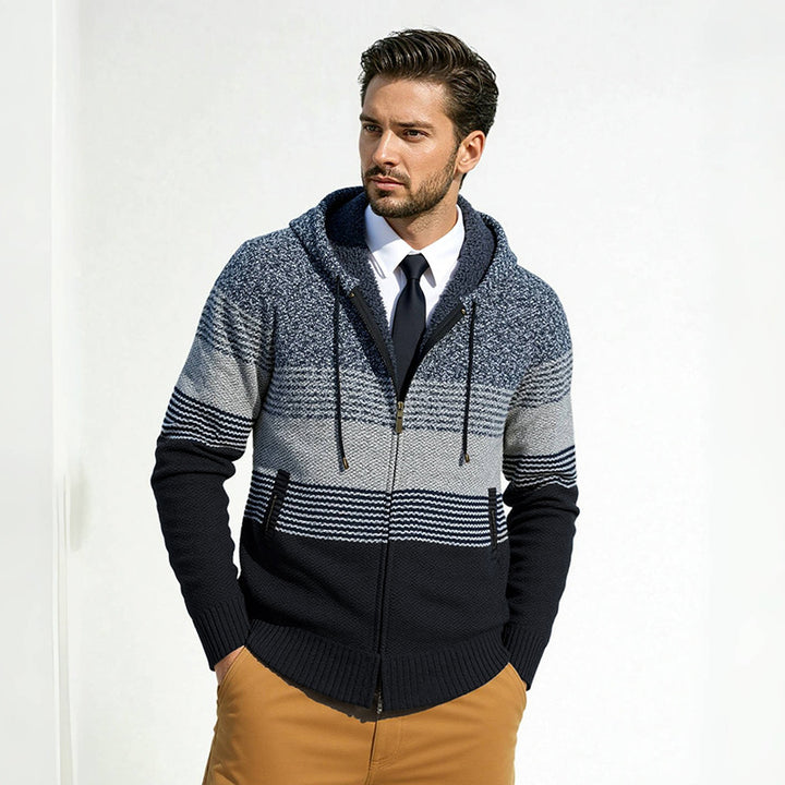 Men's hooded knit zip jacket with gradient block stripe pattern and thermal structure Mune Fashion
