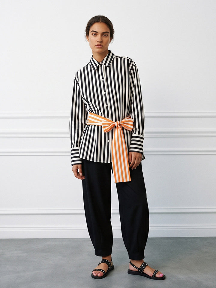 Women Vertical Striped Oversize Shirt Blouse with Boxy Silhouette and Tie Belt Mune Fashion