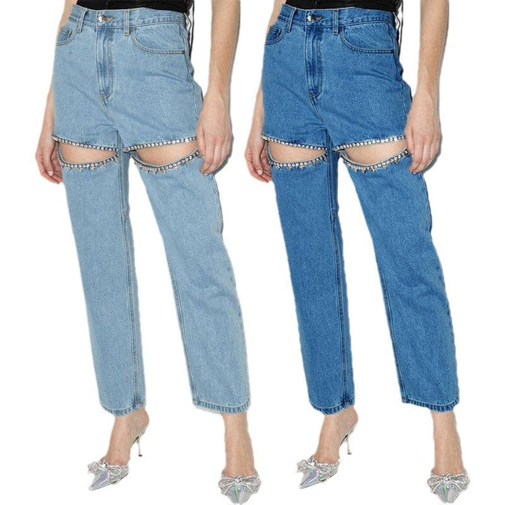 Women's Jeans with Decorative Cut-Outs and Rhinestone Embellishments Mune