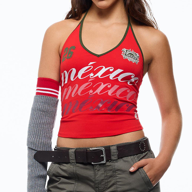 Ladies nan halter top with deep V-neck and sporty retro print Mune Fashion