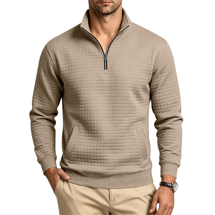 Men's Structured Stand Collar Half Zip Sweatshirt with Checkered Pattern and Kangaroo Pocket Mune Fashion