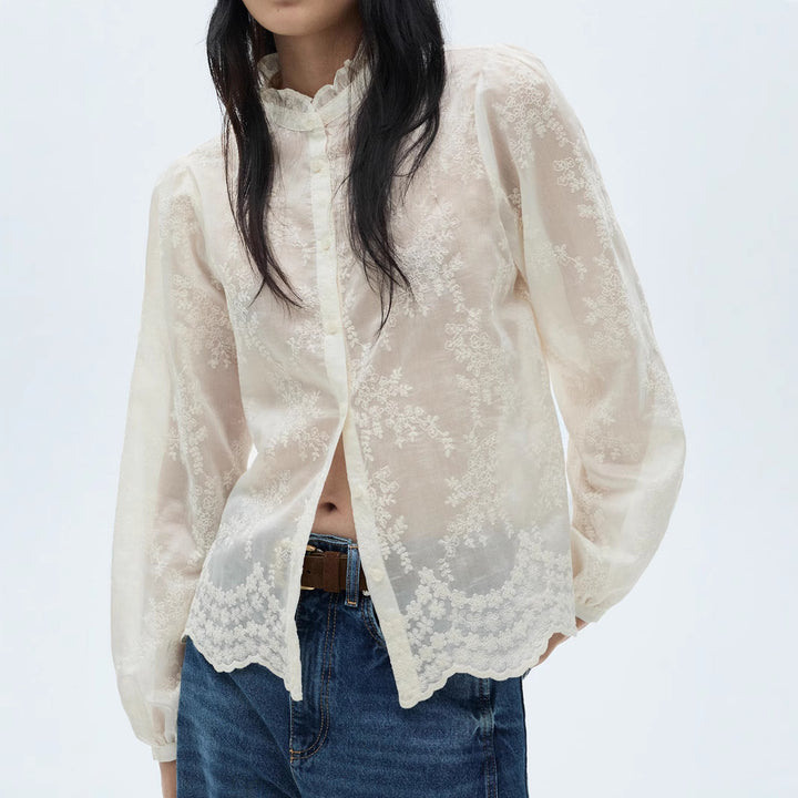 Women Transparent Embroidery Blouse with Stand Collar, Volume Sleeves and Curved Hem
