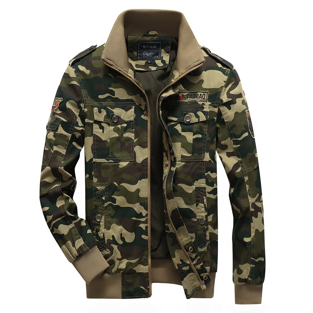 Men's Camo Utility Bomber Jacket with Stand-Up Collar, Multiple Pockets and Ribbed Cuffs Mune Fashion