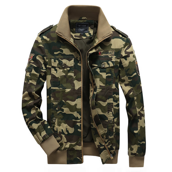 Men's Camo Utility Bomber Jacket with Stand-Up Collar, Multiple Pockets and Ribbed Cuffs Mune Fashion