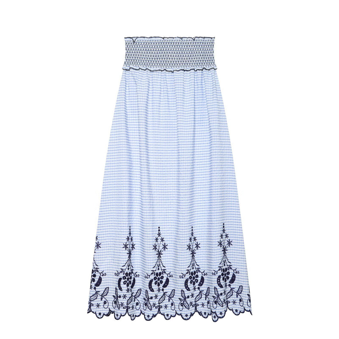 Women's Sleeveless Maxi Dress with Smocked Bodice and Floral Embroidery at the Hem Mune Fashion