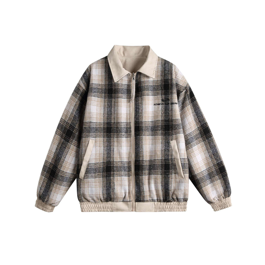 Women's short cut boxy jacket in suede look with checked collar and elastic hem Mune Fashion